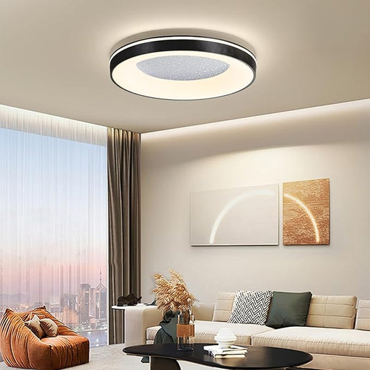 LED Flush Ceiling Light, 19in Black Round Ceiling Light Dimmable 3000K/4500K/6500K Color Recessed Lamp for Living Room, Bedroom, Office,Hallway