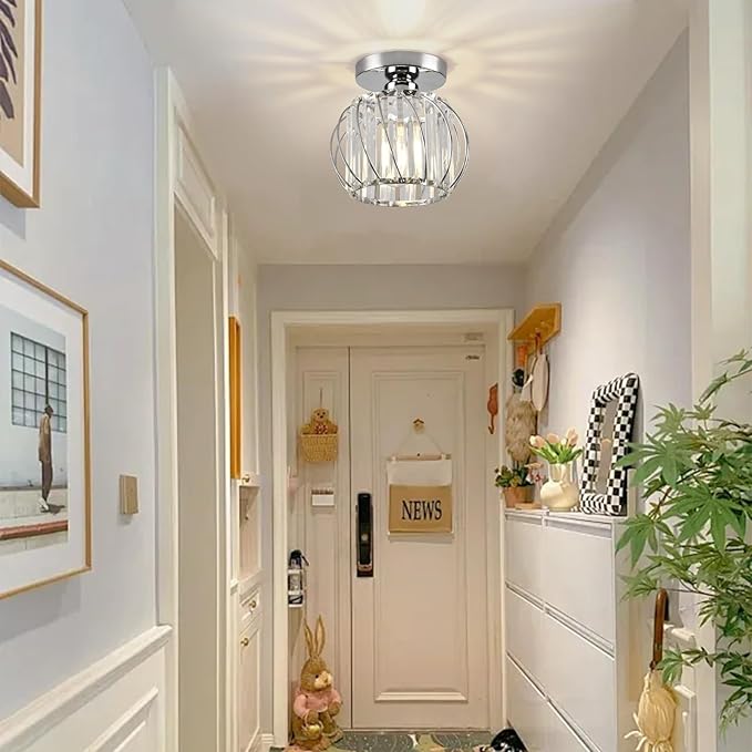 Crystal Semi Flush Mount Ceiling Light, Silver Crystal Chandelier, 19cm x 17.5cm, Bedroom, Kitchen, Dining, Living Room