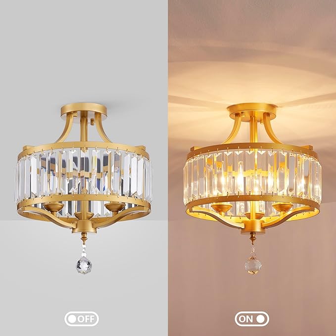Modern 3-Light K9 Crystal Chandelier Ceiling Light, Handmade Crystal Gold Ceil Light Fixture for Dining Room, Living Room, Bedroom, Gold Frame, E12 Socket, D13inch*H17inch