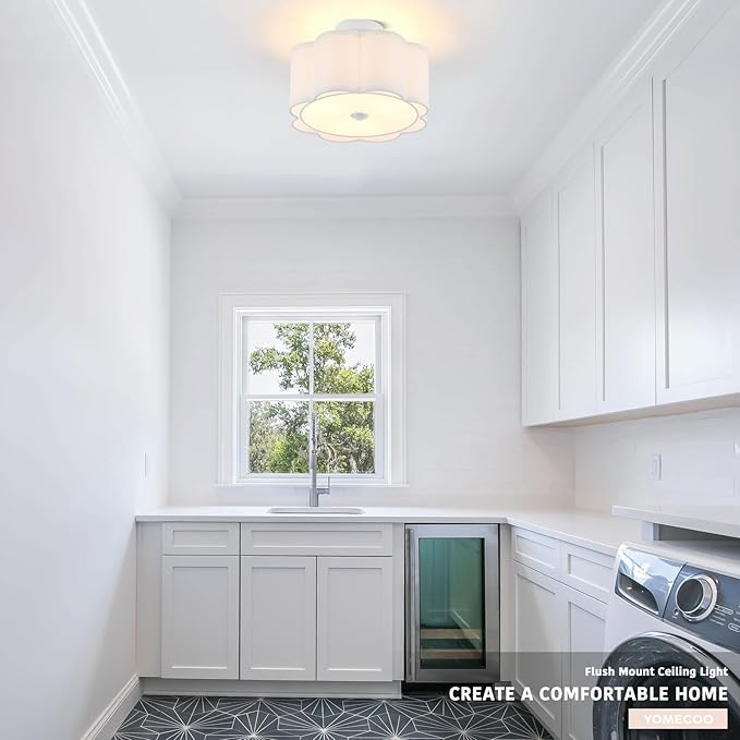 Drum Semi Flush Mount Ceiling Light, White Linen Fabric Shade Ceiling Light, Modern Farmhouse Close to Ceiling Light for Bedroom, Hallway, Living Room, Dining Room, Laundry Room