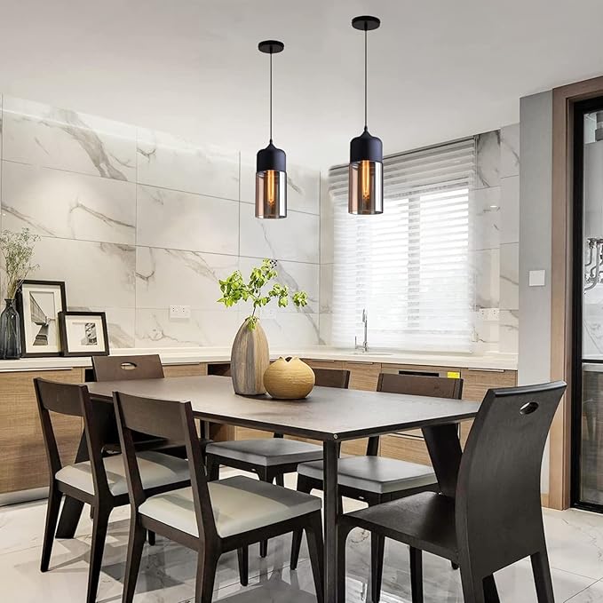 Glass Pendant Light, Black Modern Hanging Lamp with Amber Cylinder Shade, Vintage Industrial Farmhouse Pendant Lighting Fixture for Kitchen Island Dining Room Hallway