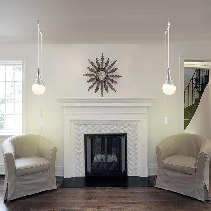 MWZ Brushed Nickel Plug in Pendant Light,Hanging Lights with On/Off Switch Cord,Mini Silver Pendant Lights for Kitchen Island,1-Light Modern Raindrop Chandelier Lamps with White Globe Glass Shade