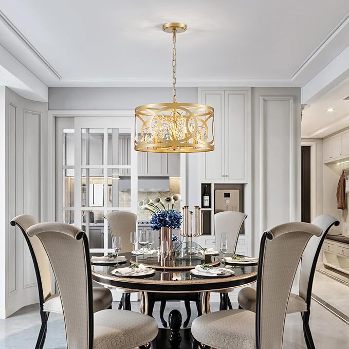 WUZUPS Crystal Chandelier 5-Light Vintage Farmhouse Pendant Ceiling Light Lighting Fixture for Foyer Diningroom Bedroom Hallway Storage Kitchen Bathroom, H 8.3" W 16.1", E12 Base, Gold