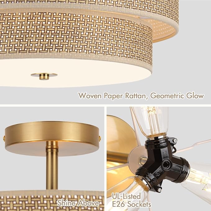 16 Inch Woven Rattan Linen Semi Flush Mount Ceiling Light Fixture, Modern Boho Drum Lamp for Bedroom, Kitchen, Dining Room, Living Room, Hallway, Entryway, Farmhouse Gold Wicker Chandelier
