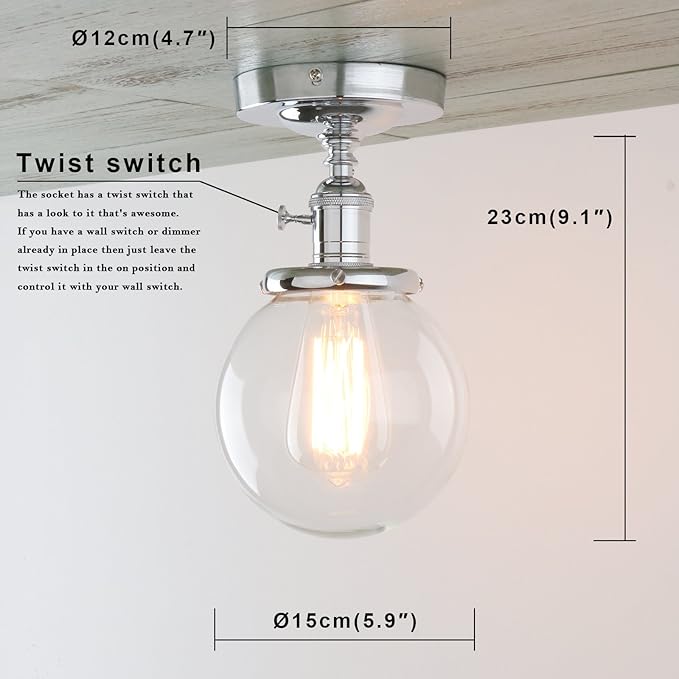 PERMO Modern Small Semi Flush Mount Ceiling Pendant Light Glass Ceiling Lights Hallway Fixtures with Flate Ribbed Glass Lampshade, 1-Light (Chrome, 301)