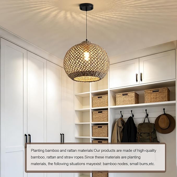 Pendant Light Rattan Fixture,Farmhouse 13.79” Wicker Hand-Woven Boho Hanging Chandelier for Kitchen Island Bedroom Living Room Entry Hallway