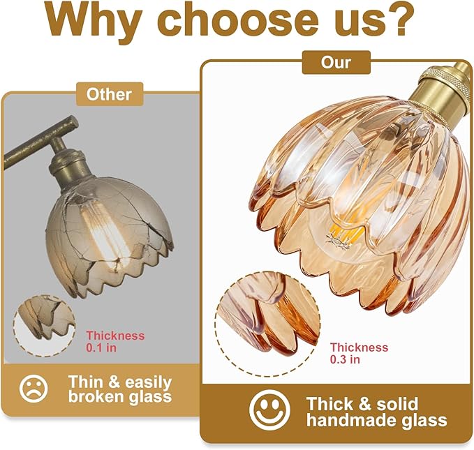 Hardwired Wall Sconces Set of Two, Vintage Wall Lights with Amber Tulip Glass Lampshade, Gold Wall Lamps for Bedroom Bedside Stairway Bathroom Living Room (Bulbs Not Included, Not Battery Powered)