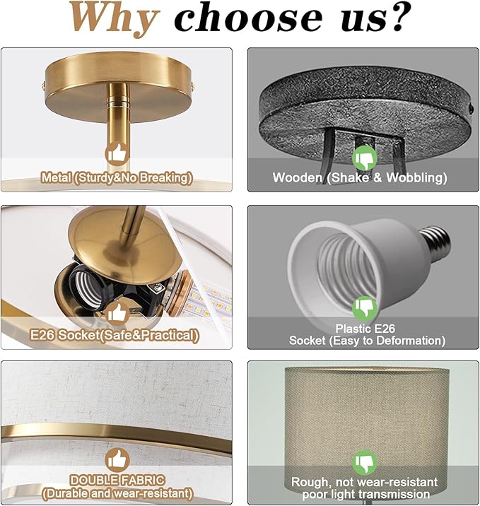 BUXVRCS Semi Flush Mount Ceiling Light Fixture, Modern Light Fixtures Ceiling Mount with Fabric Shade, 3-Light Double Drum Lighting Fixtures Close to Ceiling Light for Bedroom (Gold)