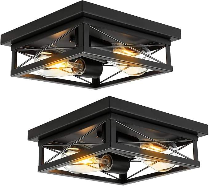 Black Flush Mount Ceiling Light 2 Pack Industrial Fixtures 2-Light Farmhouse Vintage Metal-Framed Ceiling Light for Hallway Foyer Kitchen Bedroom Living Room Laundry