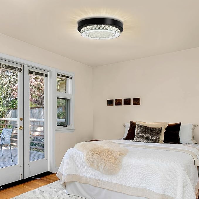 Crystal Flush Mount Ceiling Light Small LED Ceiling Light 10 Inch Round Hallway Lighting Black Modern Bathroom Light Fixtures for Entryway Laundry Room Foyer Mini Closet Ceiling Light