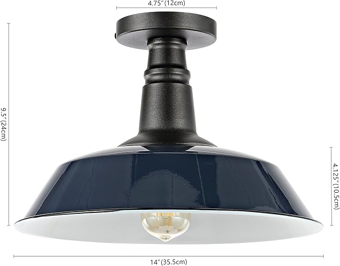 JONATHAN Y 14" Navy/Black 1-Light Industrial LED Semi Flush Mount Ceiling Light for Porch, Kitchen, Entryway, Modern Farmhouse Iron Fixture, White Metal Shade, LED Bulb Included (JYL7617C)