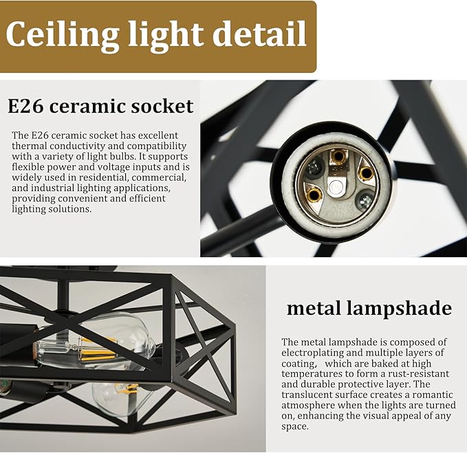 Modern Farmhouse Semi Flush Mount Ceiling Light,Industrial Black Ceiling Lighting Fixture,Hexagonal Close to Ceiling Lights for Kitchen, Hallway,Bedroom,Foyer,Dining,Laundry Room,14.6 Inch
