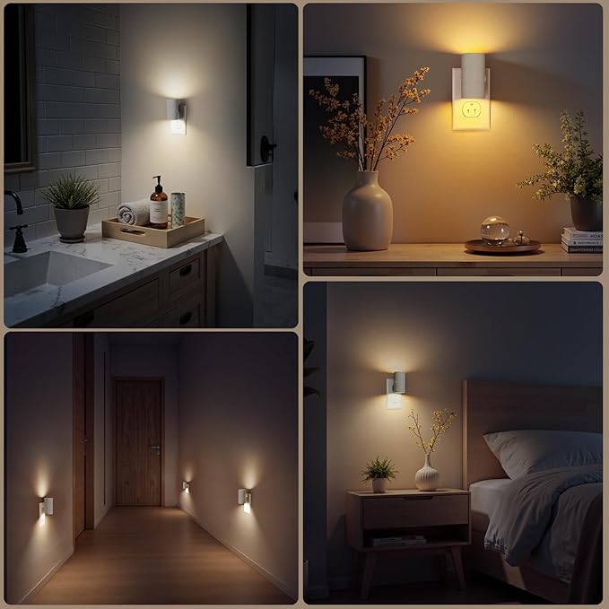 VOLISUN Night Light, Dimmable Led Night Lights Plug into Wall, Amber/3000K/4500K, 0-100LM Adjustable Brightness, Dusk to Dawn Nightlight for Hallway, Bathroom, Bedroom White 4 Pack