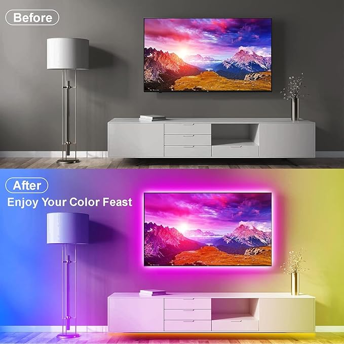 PSTAR TV LED Backlight,9.84ft Music Sync RGB Backlight with Remote & App Control, USB Powered for 32-45 Inch TVs, Computer, Bedroom, Gaming Setup, Home Cinema
