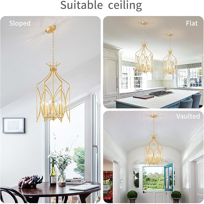 WUZUPS Lantern Pendant Chandelier Rustic Metal Cage Light Modern Lighting Fixture for Kitchen Diningroom Bathroom Livingroom, H 25.4" x W 14.2", E12 Base, Gold
