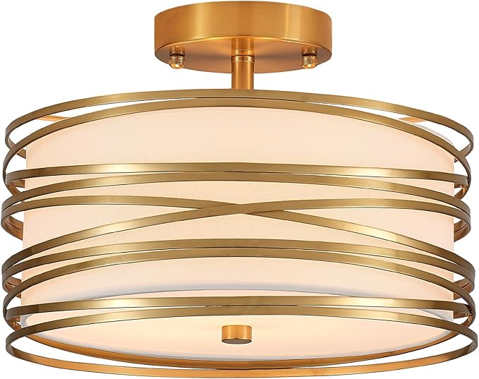 Drum Semi Flush Mount Ceiling Light Fixture, Gold Matal & Linen Fabric Shade Ceiling Light, Modern Farmhouse Close to Ceiling Light for Bedroom, Hallway, Entryway, Dining Room, Laundry Room