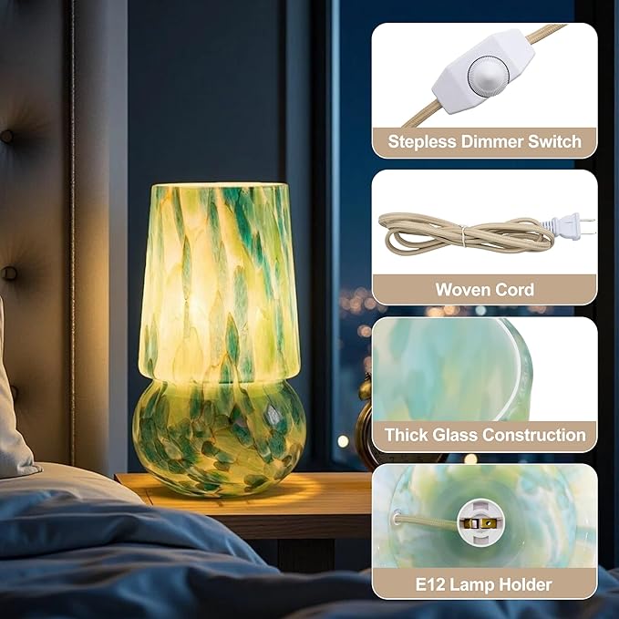 9.8 Inch Mushroom Table Lamp, UL Listed Dimmable Small Desk Bedside Lamp with Woven Beige Cord, Handcrafted Pattern, Murano Home Decor for Bedroom, Living Room, Emerald Teal, No Bulb Included