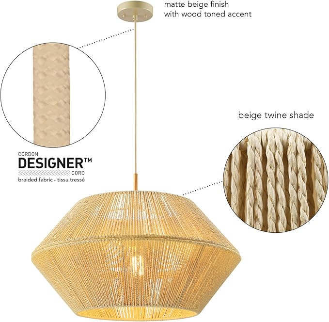 GLOBE Electric 67000154 1-Light Pendant Light, Wood Toned, Beige Paper Twine Shade, Adjustable Height, Ceiling Lights, Home Essentials, Kitchen, Bedroom, Indoor Lighting, Décor
