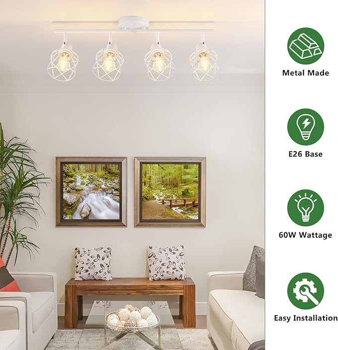 4-Lights Kitchen Light Fixtures Ceiling Mount, Adjustable Multi-Directional White Flush Mount Ceiling Light Fixture with Metal Cage, Modern Spot Ceiling Lamp for Hallway, Dining Room, Bedroom