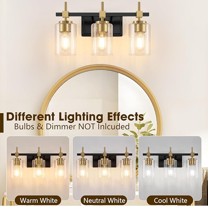 Asnxcju 3-Light Black and Gold Bathroom Light Fixtures, Vanity Lights for Bathroom with Textured Glass Shade, Modern Vanity Wall Lighting Over Mirror, Vintage Wall Lamp for Living Room Cabinet Hallway