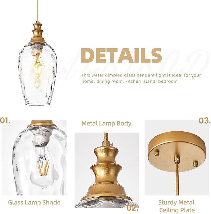 Pendant Lights Kitchen Island, Gold Pendant Light Fixtures Hanging Light Fixture Transparent Water Ripple Glass Lamp Shade Island Lights for Kitchen Living Dining Room Farmhouse Pendant Light