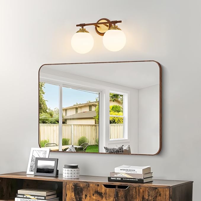 Rayogale Walnut Bathroom Light Fixtures, ETL 2 Lights Vanity Lights Over Mirror with Milk Glass Soft Lighting 15 Inch Bathroom Sconces(Exclude E26 Bulb)