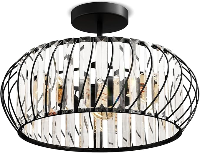 ANWIO 15.8inch Crystal Semi Flush Mount Ceiling Light Fixtures, 3-Light Black Chandelier Bedroom Ceiling Light Fixtures, Living Room Light Fixture for Kitchen Hallway Bathroom Dining Room, E12