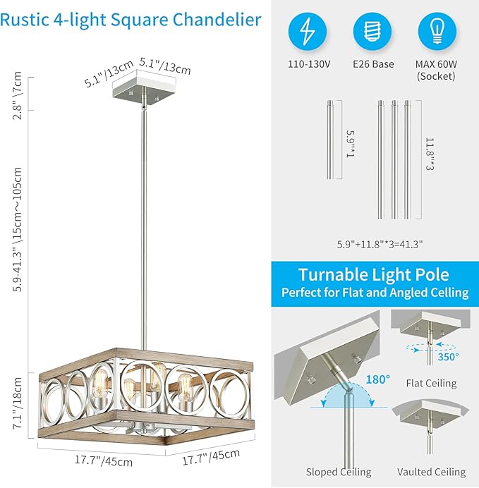 XINGQI Modern Chandelier Square 4-Light, Farmhouse Pendant Lighting Fixture for Dining Room Living Room Bedroom Kitchen Island,Antique Wood Grain+Brushed Nickel Metal Ceiling Lamp