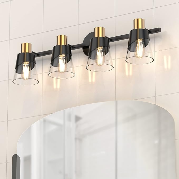 URSOLA Bathroom Light Fixtures, 4 Lights Bathroom Lighting Fixtures Over Mirror, 28.34 inch Black and Gold Design with Bevelled Edge and Clear Glass Shade Wall Lamp