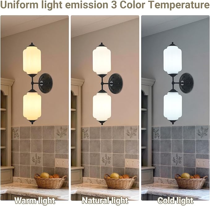 LOUSACE Vintage Milk White Glass Bathroom Vanity Light - 2-Light Wall Sconce with Aluminum Base & White Glass Shade - Wall Sconce Lighting for Bathroom Mirror Living Room Gallery (Bulbs Included)