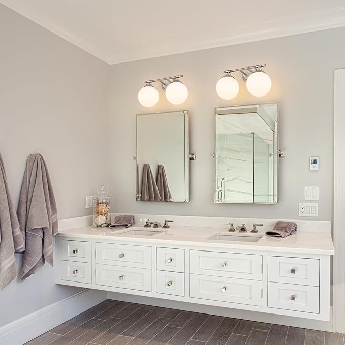 Rayogale Bathroom Light Fixtures, 2-Light Nickel Vanity Lights Over Mirror with White Glass Shade, 15 Inch Bathroom Wall Sconces for Bedroom Living Room (Bulbs Not Included)