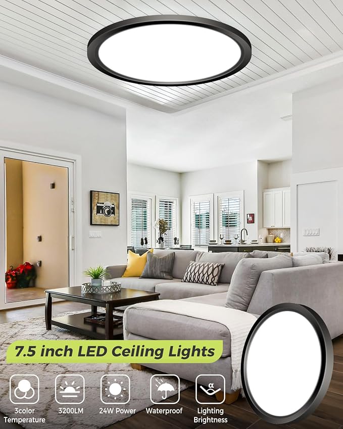 6PACK LED Flush Mount Ceiling Light - 3CCT Selectable 3000K-4000K-6500K & 150W Equivalent Modern Kitchen Recessed Ceiling Lamp 24W 3200Lm 12 Inch for Bathroom Closet Laundry Bedroom Hallway