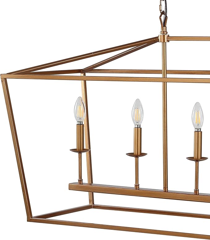 JONATHAN Y 49" Antique Gold Lantern Pendant Light, 6-Light Pagoda Style Metal Cage Farmhouse Hanging Ceiling Fixture for Kitchen Island, LED Bulb Included (JYL7439B)