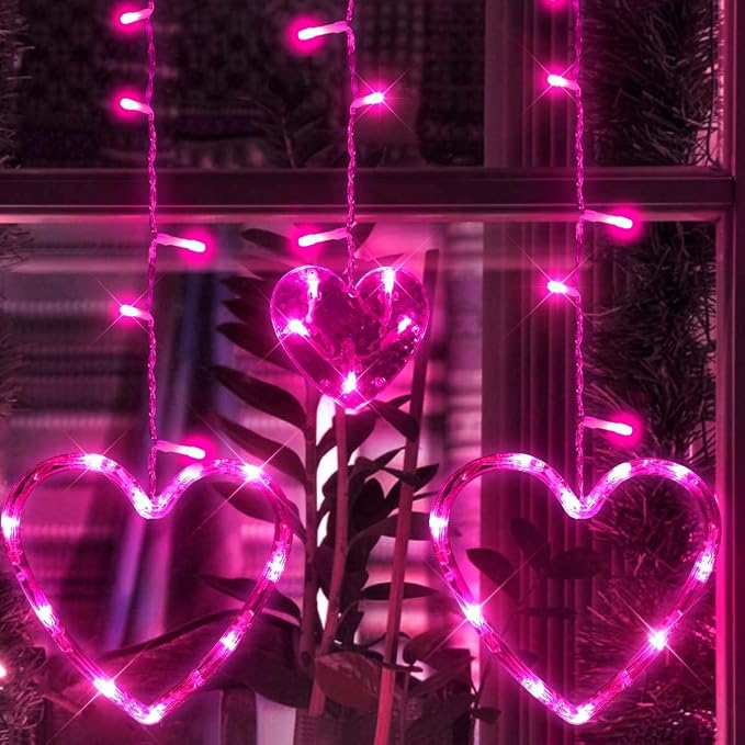 Valentine's Day Decoration, 138 LED Connectable Heart Curtain Lights with 8 Twinkle Modes, Plug in Pink Heart-Shaped Icicle Lights for Indoor Outdoor Garden Party Wedding Valentines Day Decor