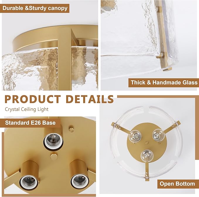 Gold Semi Flush Mount Flush Mount Ceiling Light,15''Modern Hallway Light Fixtures Ceiling Mount,3-Light Drum Glass Ceiling Lights for Kitchen Entryway Foyer Dining Room Bedroom Laundry