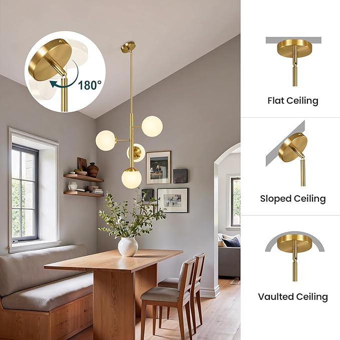 Modern Sputnik Chandelier Ceiling Light Fixture, 4-Light Semi Flush Mount Gold Chandelier with Globe Milky Frosted Glass Shade Adjustable Dining Room Sputnik Ceiling Light for Kitchen, Hallway