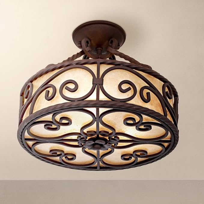 John Timberland Natural Mica Collection Rustic Ceiling Light Semi-Flush Mount Fixture Deep Walnut Scroll 15" Wide Drum Shade for House Bedroom Hallway Living Room Bathroom Dining Kitchen
