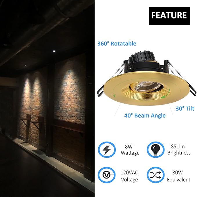 POPANU Premium 4-inch LED Recessed Lights - 5 CCT 4 Inch Eyeball Ceilling Gimbal Potlight, Dimmable Recessed Lights Fixture with Junction Box, 8W CCT Adjustable, Shiny Gold, with Baffle, 6P