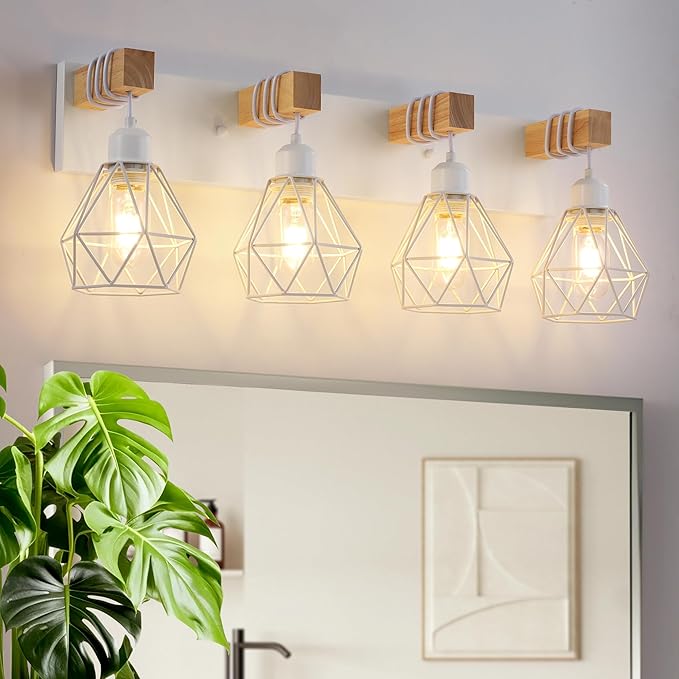 Farmhouse Vanity Light for Bathroom, 4-Light White Wood Bathroom Vanity Light Fixtures Over Mirror, Rustic Sconces Wall Lighting with Metal Lampshade for Living Room, Bedroom, Hallway