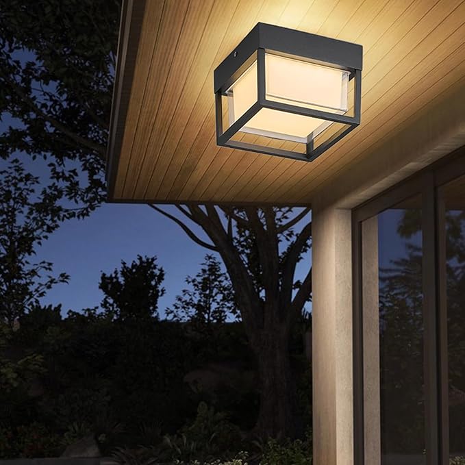 Outdoor Ceiling Porch Light LED Flush Mount for Wall or Ceiling, Square Exterior Wall Lamp for Front Porch,Garage, Hallway, Patio, 3000K, 15W, 6.3inch(Black)