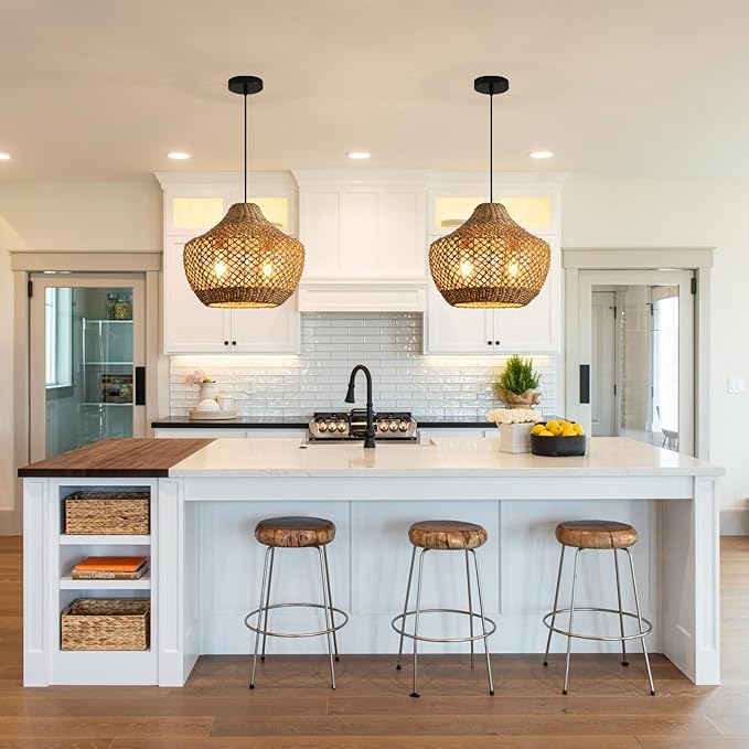 15.4" Rattan Pendant Light Fixtures,Boho Water Plants Pendant Light,2-Light Hand Woven Seagrass Chandelier for Workplace Occasions Restaurants Dining Living Bedroom Kitchen Farmhouse