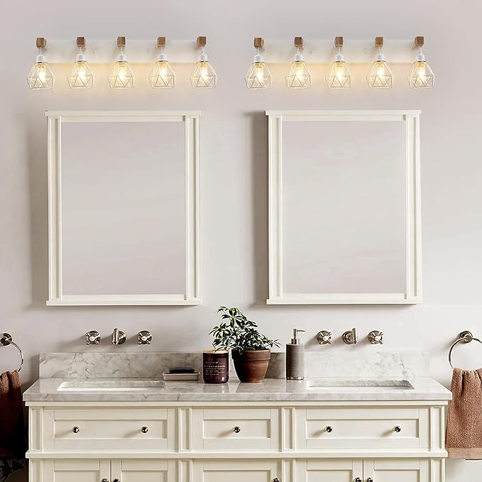 Farmhouse Vanity Light for Bathroom, 5-Light White Wood Bathroom Vanity Light Fixtures Over Mirror, Rustic Sconces Wall Lighting with Metal Lampshade for Living Room, Bedroom, Hallway