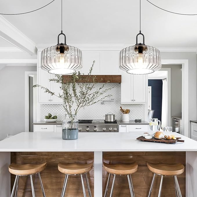 Hanging Pendant Light Plug in Plug in Pendant Lamp Globe Hanging Lights with Plug in Cord for Bedroom Mid Century Modern Ceiling Light fixtures Clear Striped Glass Swag Lights Kitchen