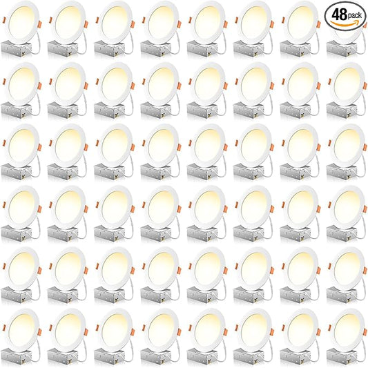 48 Pack 6 Inch 5CCT Ultra-Thin LED Recessed Ceiling Light with Junction Box, 2700K/3000K/3500K/4000K/5000K Selectable, 1050LM Brightness, Dimmable Canless Wafer Downlight, 12WEqv110W ETL&FCC