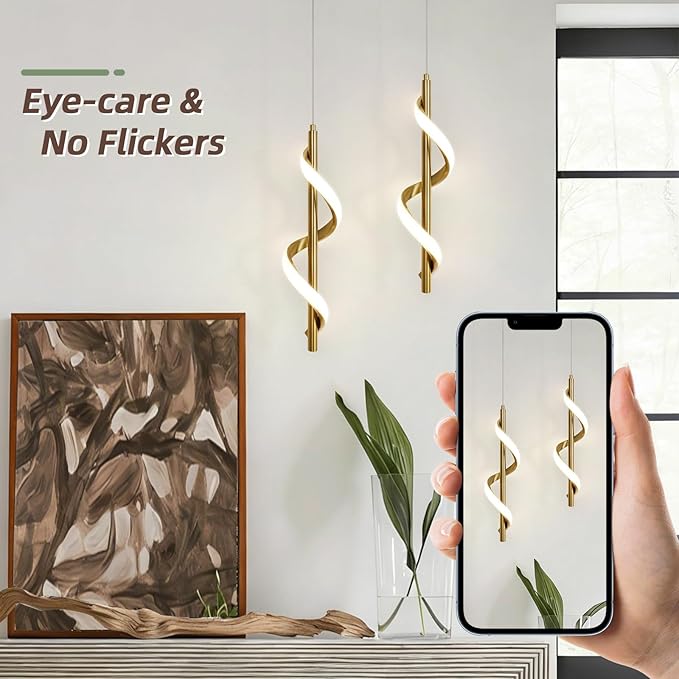 CANEOE Gold Modern Led Pendant Light,3000K-6000K Dimmbale Spiral Led Pendant Lamp, Adjustable Height Hanging Pendant Light Fixture for Dining Room Bedroom Kitchen Sink, 1 Pack