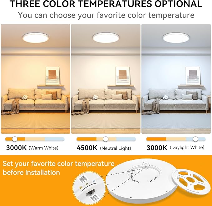 3CCT 3000k/4000k/6000k Selectable, Led Flush Mount Ceiling Light, 20 Inch 5000LM Round Modern Flat Panel,Super Slim for Living Dining Kitchen Bedroom Room