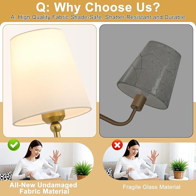 Bathroom Light Fixtures, 3-Light Brushed Gold Vanity Lights, 24.5" Bathroom Lighting Fixtures Over Mirror with Flared White Fabric Shade, Modern Wall Sconces for Bedroom Living Room Hallway