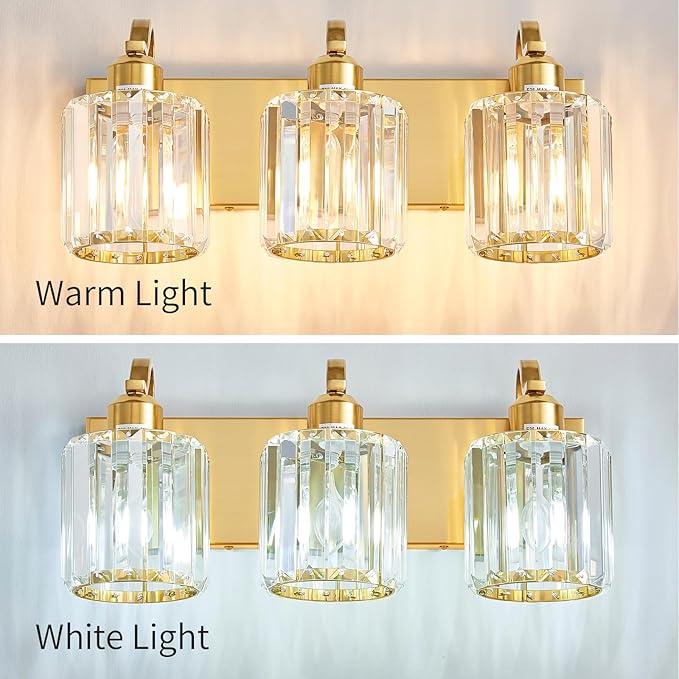3-Light Gold Bathroom Light Fixtures,Modern Bathroom Vanity Lights Fixture with Clear Crystal Glass Shade, Modern Crystal 3 Lights Wall Sconce (Exclude Bulb)
