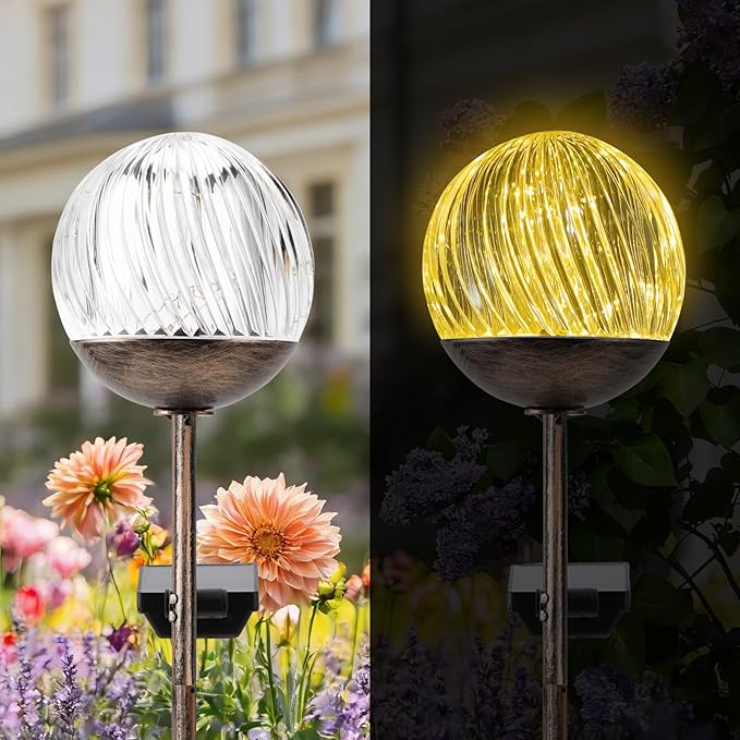Solar Globe Stake Lights - Twinkle Effect Outdoor Acrylic Ball Garden Lights , Elegant Solar Light,Exquisite Garden Solar Balls light for Yard, Pathway, Patio, gifts for Mom (Bronze stake, 2 pack)