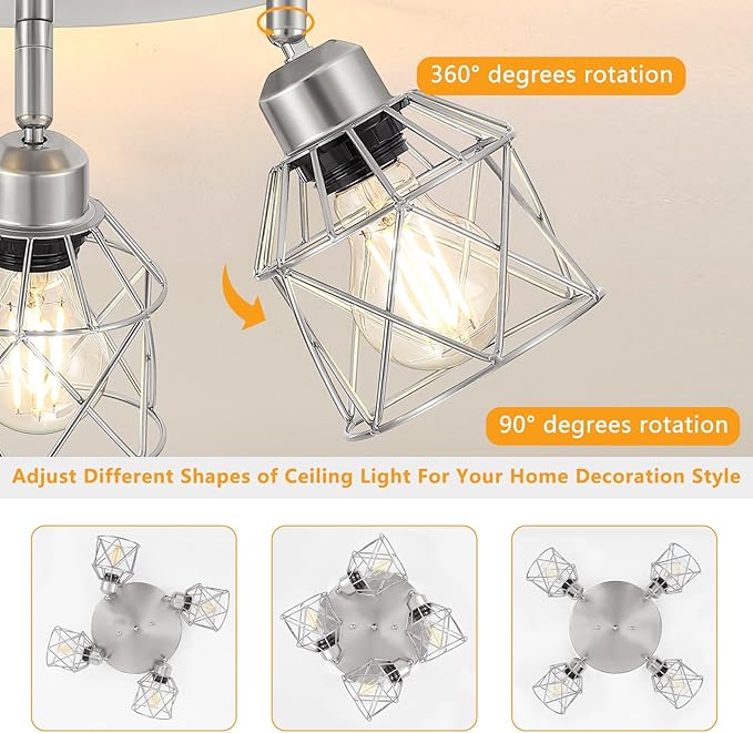 4-Light Brushed Nickel Kitchen Light Fixtures, Modern Hallway Light Fixtures Ceiling, Adjustable Multi-Directional Indoor Silver Metal Cage Close to Ceiling Lights for House Bedroom